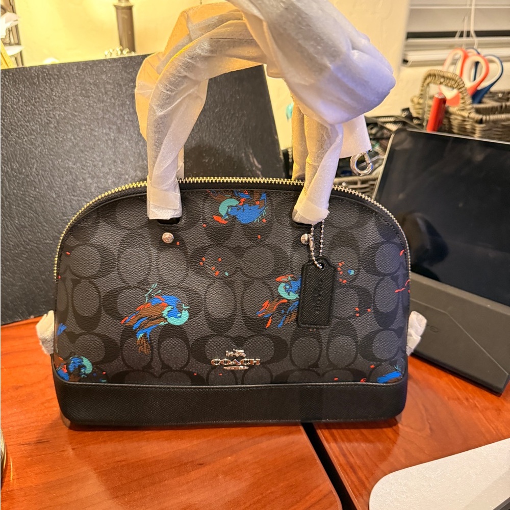 Small Coach Black Signature Canvas Dome Satchel with Blue & Teal Bird Print